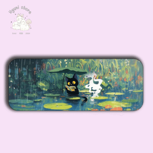 Hyuni Stone 11x23"  Cute Black Cat Reading in the Rain | Aesthetic Desk Pad