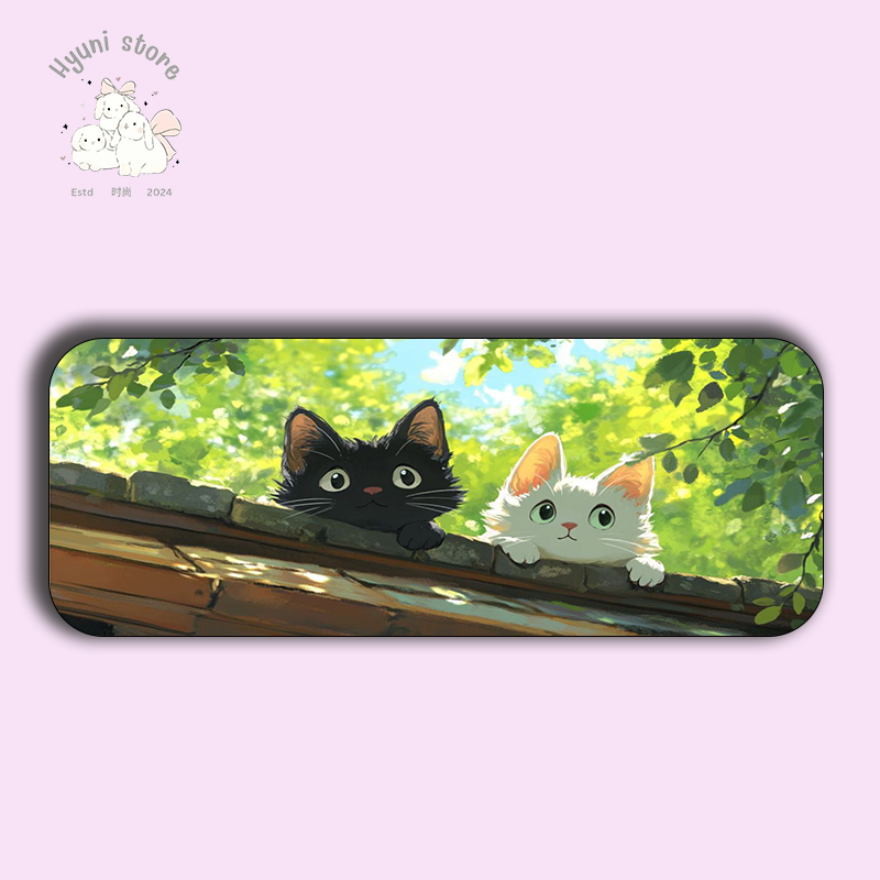 Hyuni Stone 11x23"- Cute Black and White Cats on Rooftop | Kawaii Desk Pad 1 Hyuni Stone 11x23"- Cute Black and White Cats on Rooftop | Kawaii Desk Pad