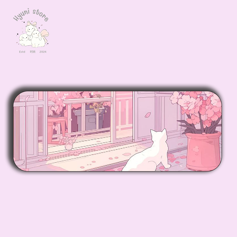 Hyuni Stone 11x23" Aesthetic Pink Cat & Cherry Blossoms | Kawaii Desk Pad for Gaming & Office 1 Hyuni Stone 11x23" Aesthetic Pink Cat & Cherry Blossoms | Kawaii Desk Pad for Gaming & Office