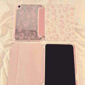 Cute Hello Kitty iPad Case for all models featuring a pink translucent back shell and a tri fold smart cover