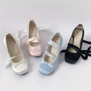 Satin Ballet Shoes collection featuring ribbon tie flats and heels in 4 colors white pink black and blue
