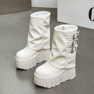 High Platform Round Toe Boots with Side Buckles