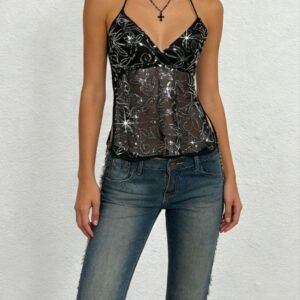 Black open back halter neck top