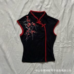 The Sakura Blossom Vest: Black & Red Embroidered Sleeveless Mandarin Collar Blouse Copy