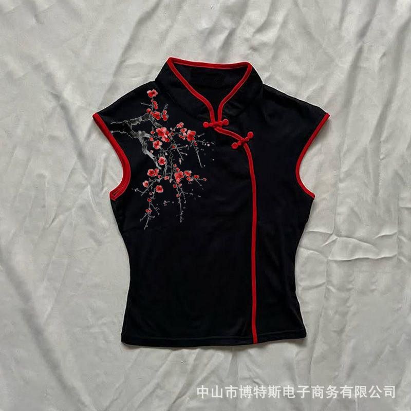 The Sakura Blossom Vest: Black & Red Embroidered Sleeveless Mandarin Collar Blouse Copy 3 The Sakura Blossom Vest: Black & Red Embroidered Sleeveless Mandarin Collar Blouse Copy