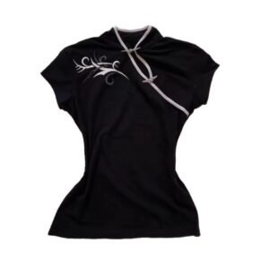 The Midnight Orchid Top: Black Cap Sleeve Mandarin Collar Blouse with White Embroidery