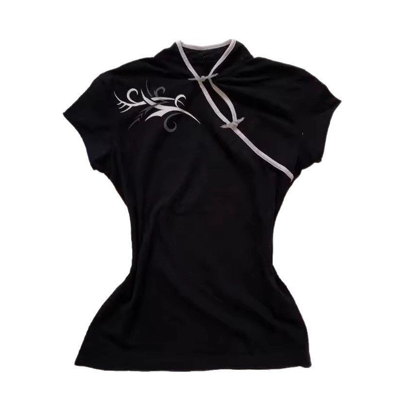 The Midnight Orchid Top: Black Cap Sleeve Mandarin Collar Blouse with White Embroidery 3 The Midnight Orchid Top: Black Cap Sleeve Mandarin Collar Blouse with White Embroidery