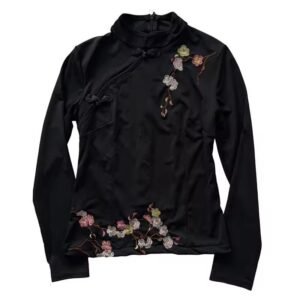 The Midnight Garden Long Sleeve: Black Embroidered Mandarin Collar Top with Floral Accents and Frog Buttons