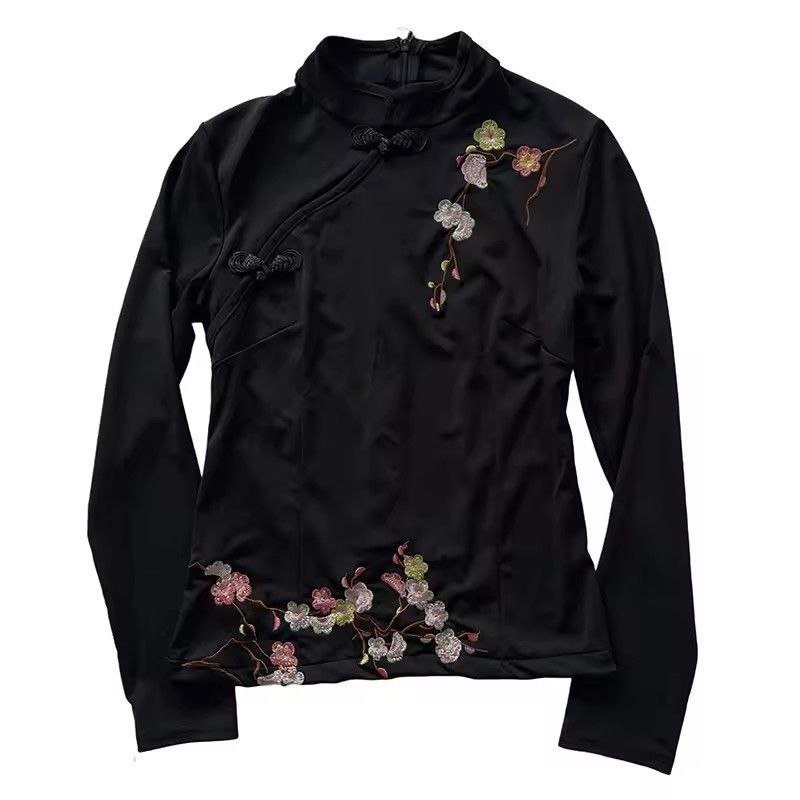 The Midnight Garden Long Sleeve: Black Embroidered Mandarin Collar Top with Floral Accents and Frog Buttons 3 The Midnight Garden Long Sleeve: Black Embroidered Mandarin Collar Top with Floral Accents and Frog Buttons