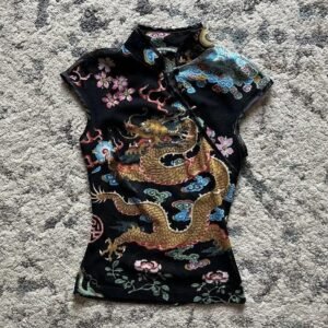The Golden Dragon Mesh Tee: Black Sheer Mandarin Collar Top with Vibrant Mythical Print Copy
