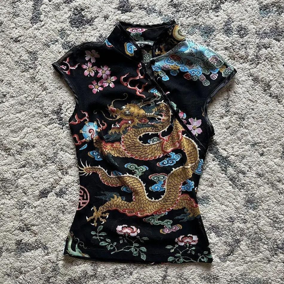 The Golden Dragon Mesh Tee: Black Sheer Mandarin Collar Top with Vibrant Mythical Print Copy 1 The Golden Dragon Mesh Tee: Black Sheer Mandarin Collar Top with Vibrant Mythical Print Copy
