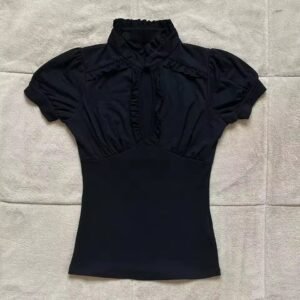 The Midnight Ruffle Blouse: Black Puff Sleeve Top with High Collar
