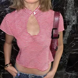 The Retro Stripe Keyhole Tee: Red & White Short Sleeve Mandarin Collar Top