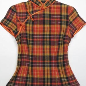 The Tartan Cheongsam Tee: Orange & Black Plaid High-Neck Blouse with Side Button Detail Copy