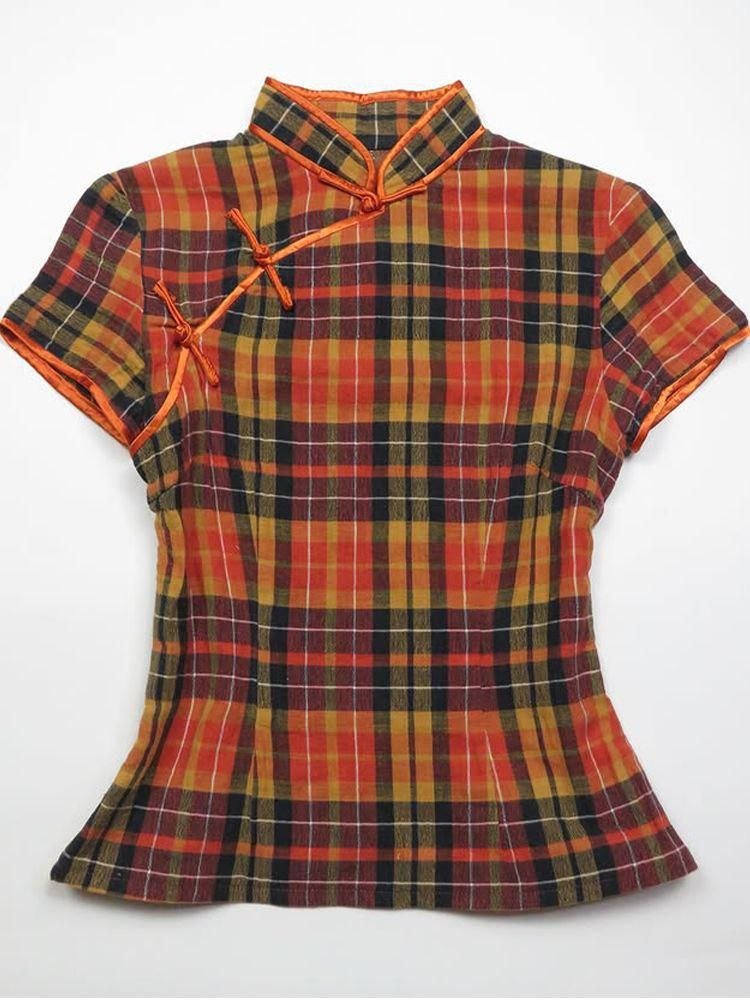 The Tartan Cheongsam Tee: Orange & Black Plaid High-Neck Blouse with Side Button Detail Copy 3 The Tartan Cheongsam Tee: Orange & Black Plaid High-Neck Blouse with Side Button Detail Copy