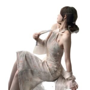 New Chinese Style Young Girl's Improved Halterneck Cheongsam Dress for Women Summer Ink Painting Chinese Style Zen Waist Long Skirt