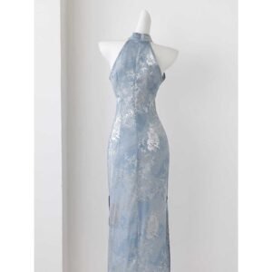 Wear neck improvement cheongsam female blue bamboo leaves new Chinese new summer sleeveless waist tok dress national style