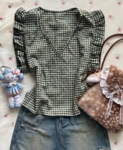 Classic Gingham Puff Sleeve Top for Women -Boho Style