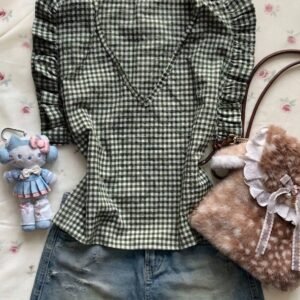 Classic Gingham Puff Sleeve Top for Women -Boho Style