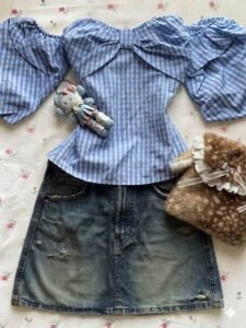 Powder Blue Gingham Off-the-Shoulder Bow Front Blouse