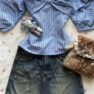 Powder Blue Gingham Off-the-Shoulder Bow Front Blouse