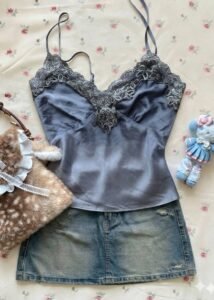 Steel Blue Satin Camisole with Intricate Silver Lace Trim