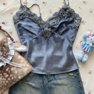 Steel Blue Satin Camisole with Intricate Silver Lace Trim