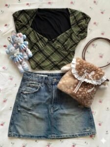 Olive Green Plaid Sweetheart Crop Top with Ribbon Detail