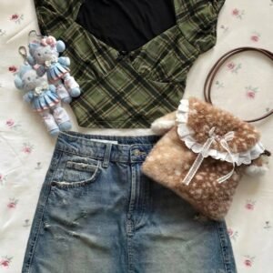 Olive Green Plaid Sweetheart Crop Top with Ribbon Detail