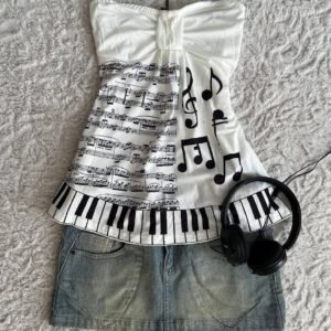"White strapless tube top with black piano key border and sheet music graphic print.