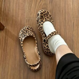Women's Mary Jane Clogs - Lightweight Comfort Platform Sandals, Slip-On Leopard Print & Pastel Pink Water Shoes with Adjustable Strap