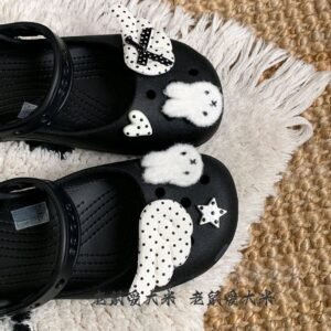 Miffy Inspired Black Custom Clogs with Plush Bunny & Polka Dot Wing Charms