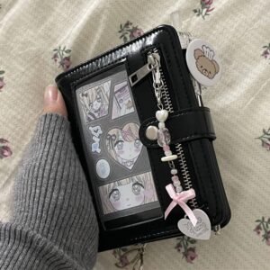 Black gothic itabag binder wallet cover with anime stickers and custom pink heart charm chain