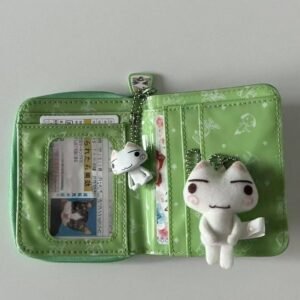 Front cover of vintage Toro Inoue lime green zipper wallet featuring Sony Cat character graphic