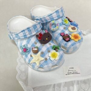 Blue Gingham Checkered Clogs – Lightweight Pastel Summer Garden Shoes with Adjustable Strap