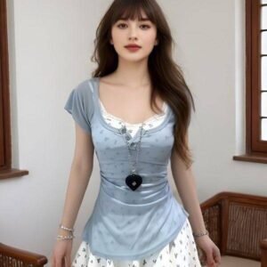 Coquette Floral Layered Henley Mini Dress Pastel Blue Cap Sleeve Fairycore Ruffle Dress