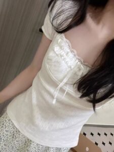 White Pointelle Knit Milkmaid Top Lace Trim Coquette Short Sleeve Tee with Ribbon Bow