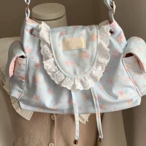 Soft blue floral shoulder bag with white lace ruffles and drawstring closure