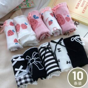 "Set of 10 assorted cotton mid-waist briefs with fruit prints, bows, and traceless design."