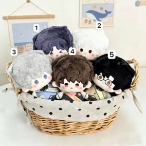 Basket of five Love and Deepspace chibi plushies including Rafayel, Xavier, Zayne, and Sylu