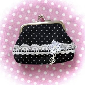 Coquette Vintage Polka Dot Coin Purse Lace Trim Kiss-Lock Wallet with Treble Clef Charm