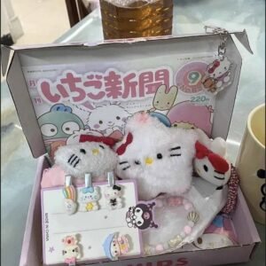 Hello Kitty and Sanrio friends mystery box containing 10 random accessories like keychains and hair clips