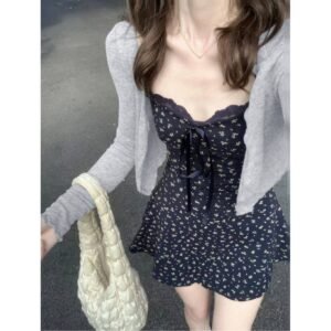 Ice Silk Ribbed Cardigan & Floral Mini Dress Set 2pc Aesthetic Summer Outfit