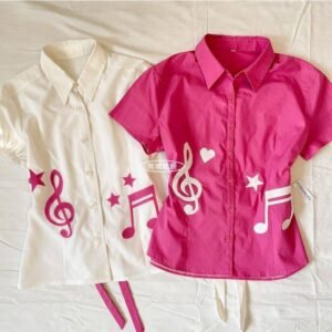 Women's Y2K Musical Note Print Short Sleeve Button-Up Shirt Slim Fit Collared Blouse