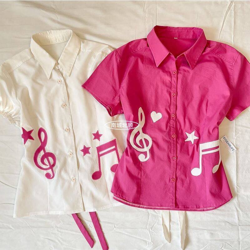 Women's Y2K Musical Note Print Short Sleeve Button-Up Shirt Slim Fit Collared Blouse 1 Women's Y2K Musical Note Print Short Sleeve Button-Up Shirt Slim Fit Collared Blouse