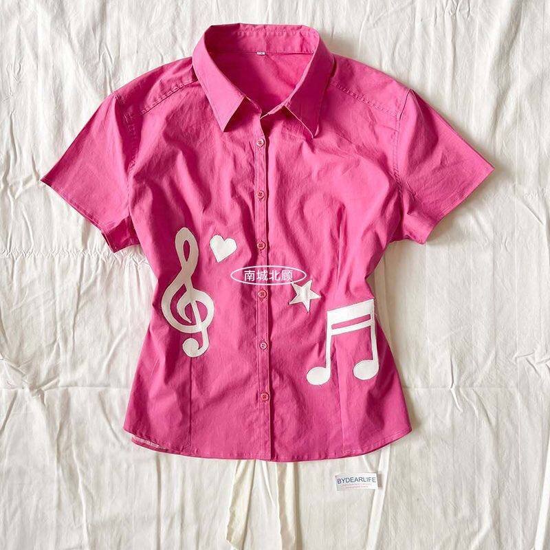 Women's Y2K Musical Note Print Short Sleeve Button-Up Shirt Slim Fit Collared Blouse 2 Women's Y2K Musical Note Print Short Sleeve Button-Up Shirt Slim Fit Collared Blouse - Image 2