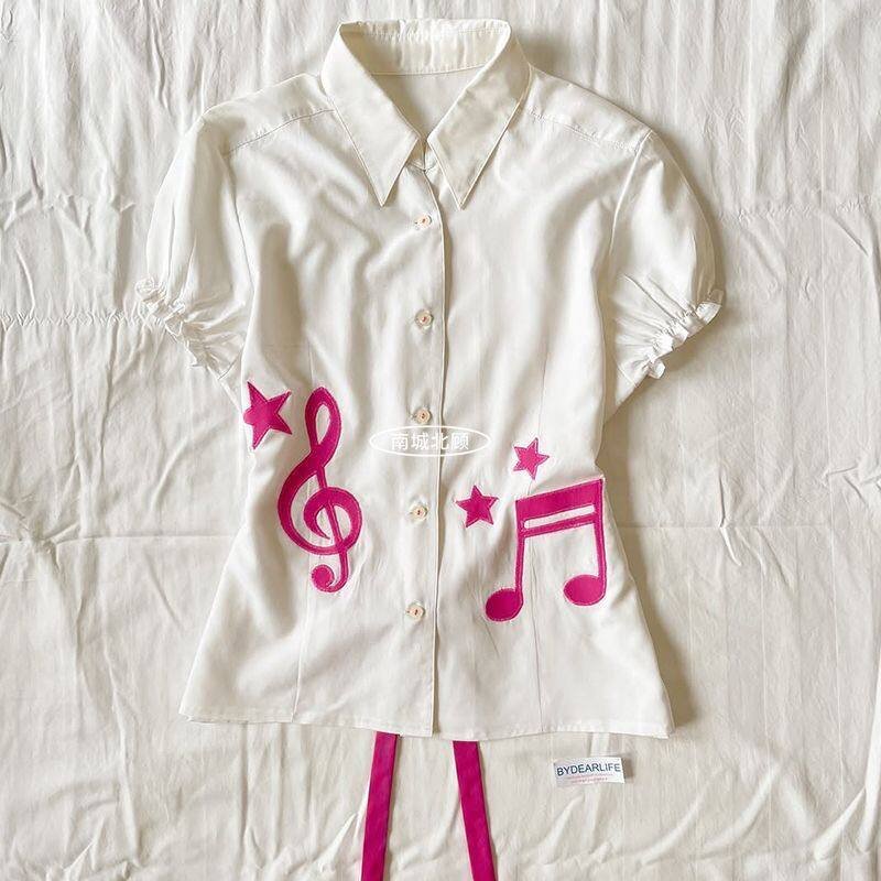 Women's Y2K Musical Note Print Short Sleeve Button-Up Shirt Slim Fit Collared Blouse 4 Women's Y2K Musical Note Print Short Sleeve Button-Up Shirt Slim Fit Collared Blouse - Image 4