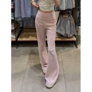 Pink Polka Dot High Waist Flare Pants for Women | Stretch Slim Fit Bootcut Trousers