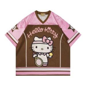 Y2K Kawaii Cartoon Graphic V-Neck Jersey Regular Fit Short Sleeve Sports Streetwear Top