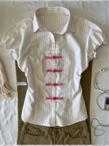 Coquette Aesthetic Pinstripe Short Sleeve Blouse with Pink Chinese Knot Frog Closures